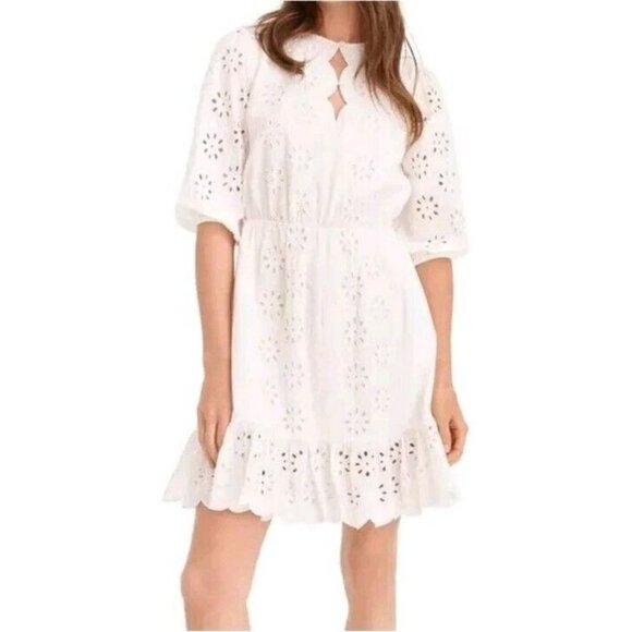 J.Crew Eyelet Ruffle Scalloped White Dress Tie Size Medium - Picture 1 of 12